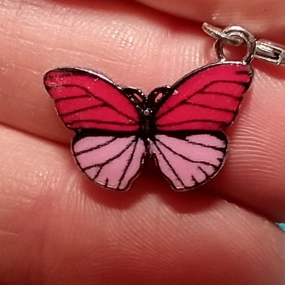 Silvertone red pink butterfly pierced wire dangle earrings
